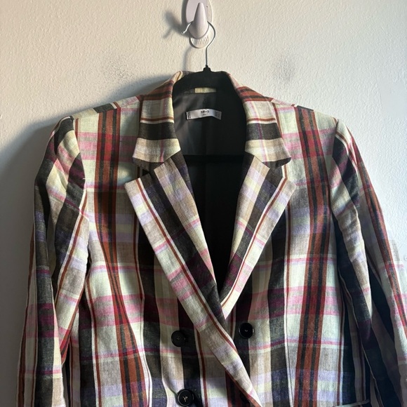 Mango Sz M Linen Blend Plaid Relaxed Double Breasted Academia Blazer - Picture 4 of 10